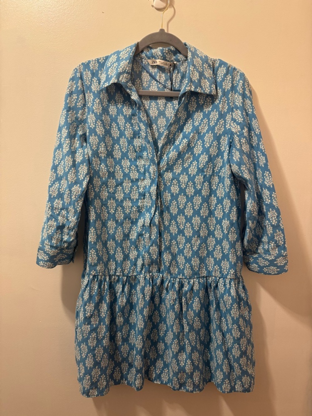 Zara The Carly Printed Mini Dress NWT small Blue Block Print